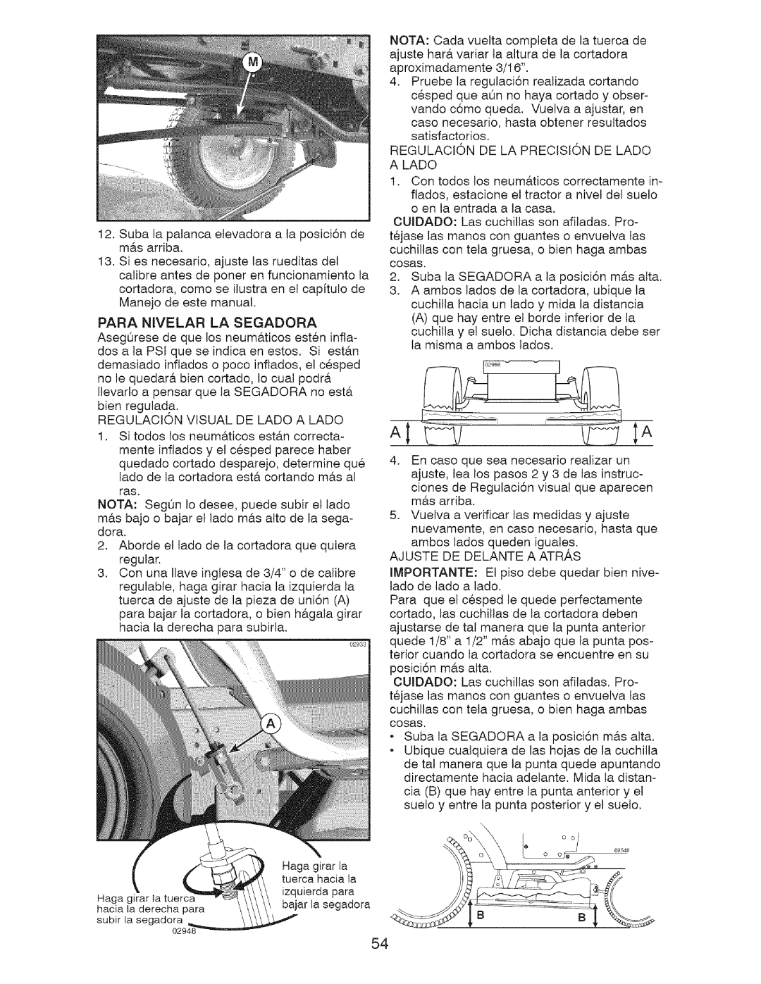 Craftsman 917.28726 owner manual Para Nivelar LA Segadora, Regulacion Visual DE Lado a Lado, Ajuste DE Delante a Atras 