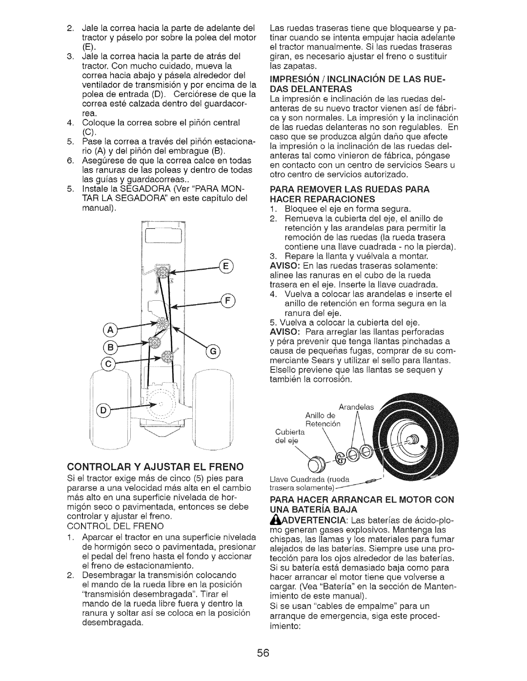 Craftsman 917.28726 Controlar Y Ajustar EL Freno, Control DEL Freno, IMPRESI6N / INCLINACI6N DE LAS RUE=, DAS Delanteras 