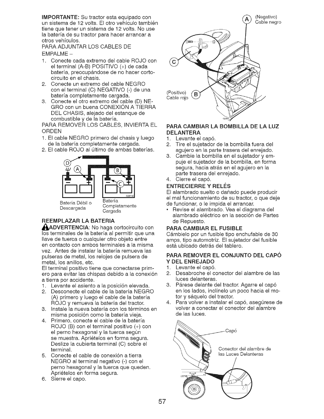 Craftsman 917.28726 owner manual Para Adjuntar LOS Cables DE Empalme, Reemplazar LA Bateria, Para Cambiar EL Fusible 