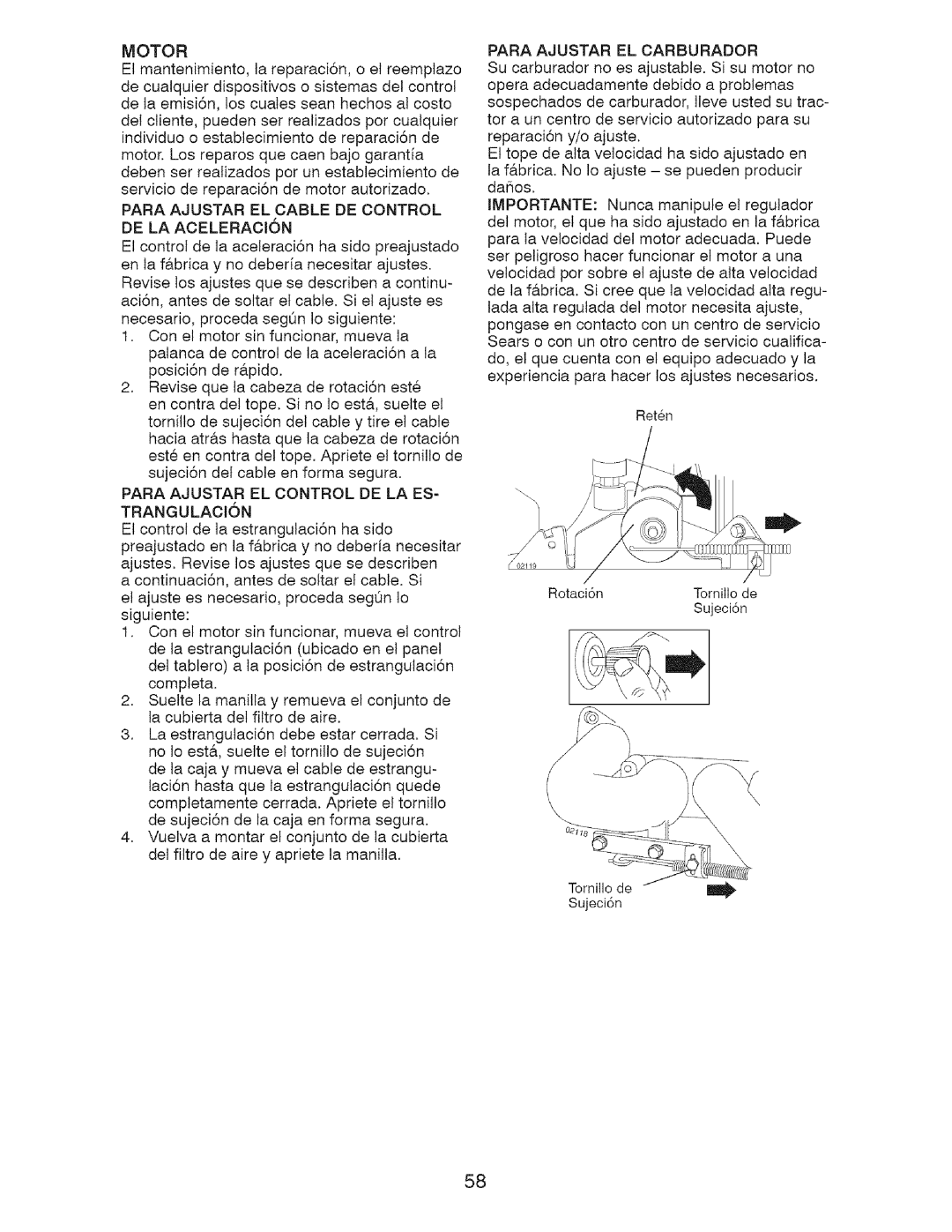 Craftsman 917.28726 owner manual Motor, Para Ajustar EL Cable DE Control DE LA ACELERACI6N, Para Ajustar EL Carburador 