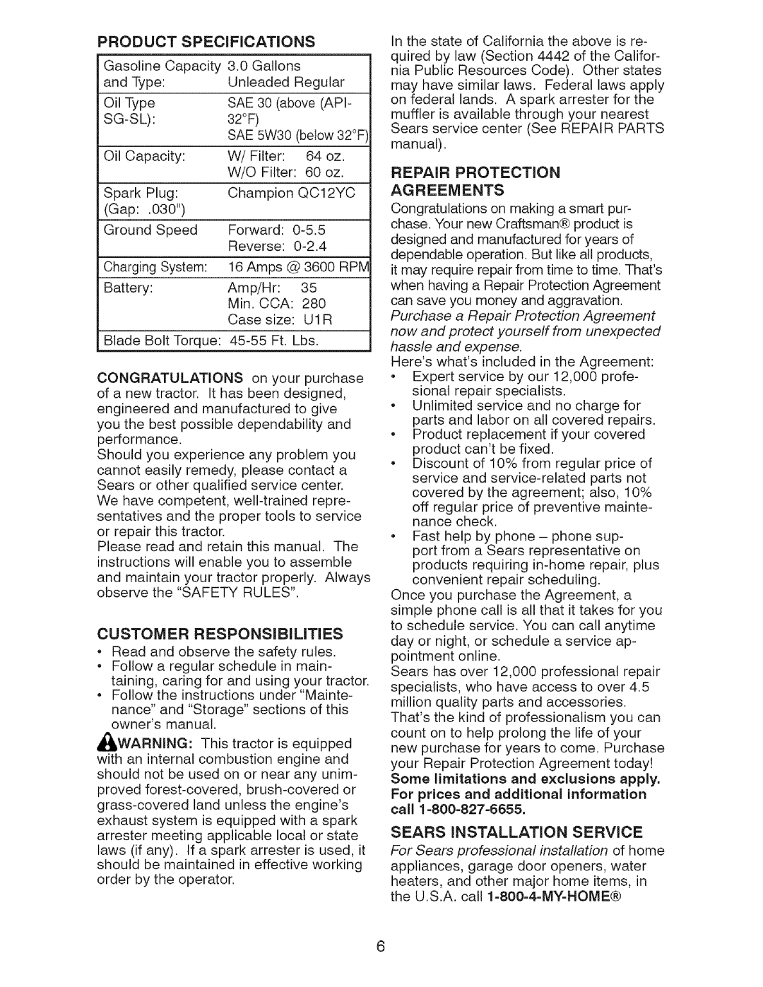 Craftsman 917.28726 owner manual Product, SPECiFiCATiONS, For prices and additional information call 1=800=827=6655 