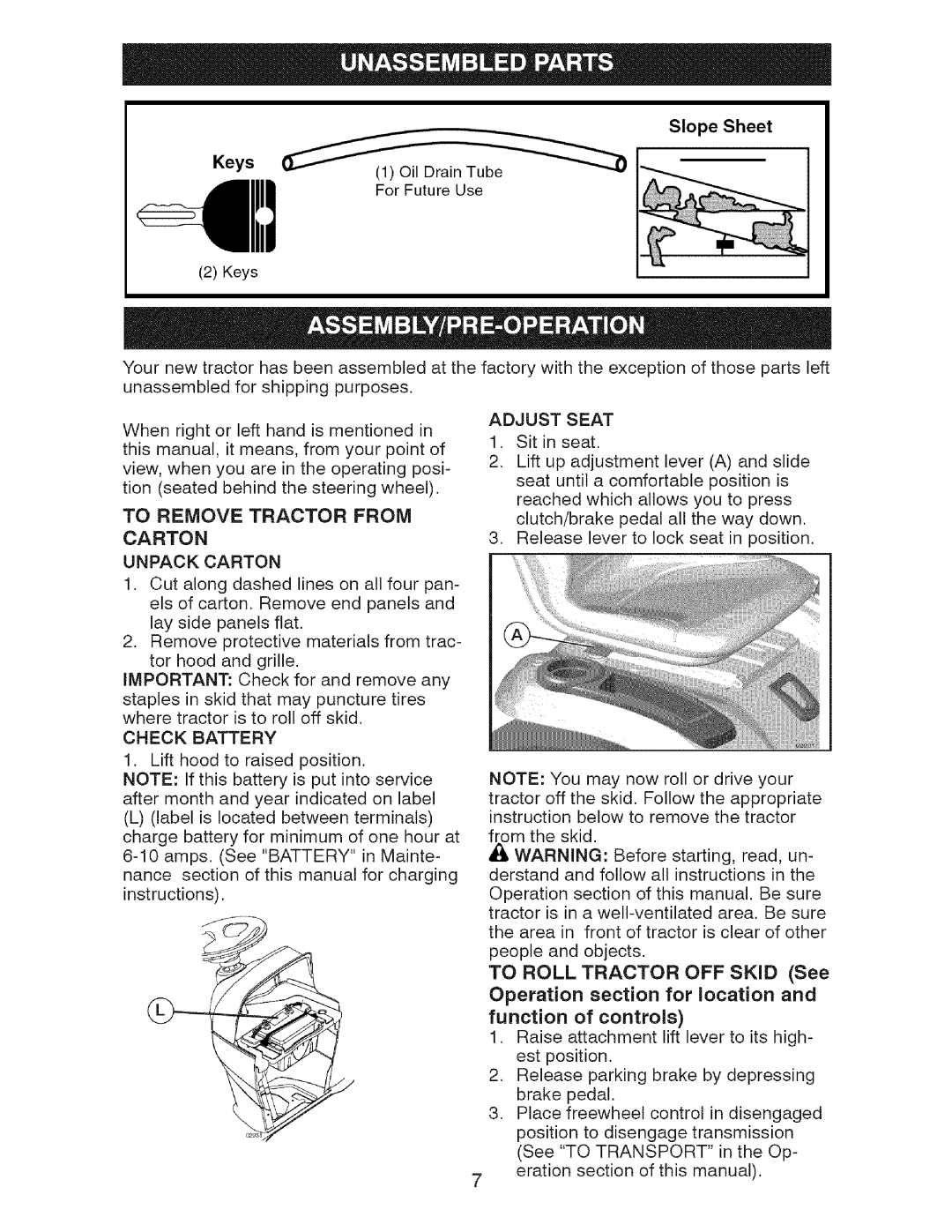 Craftsman 917.28726 owner manual Unpack Carton, Check Battery, Adjust Seat 