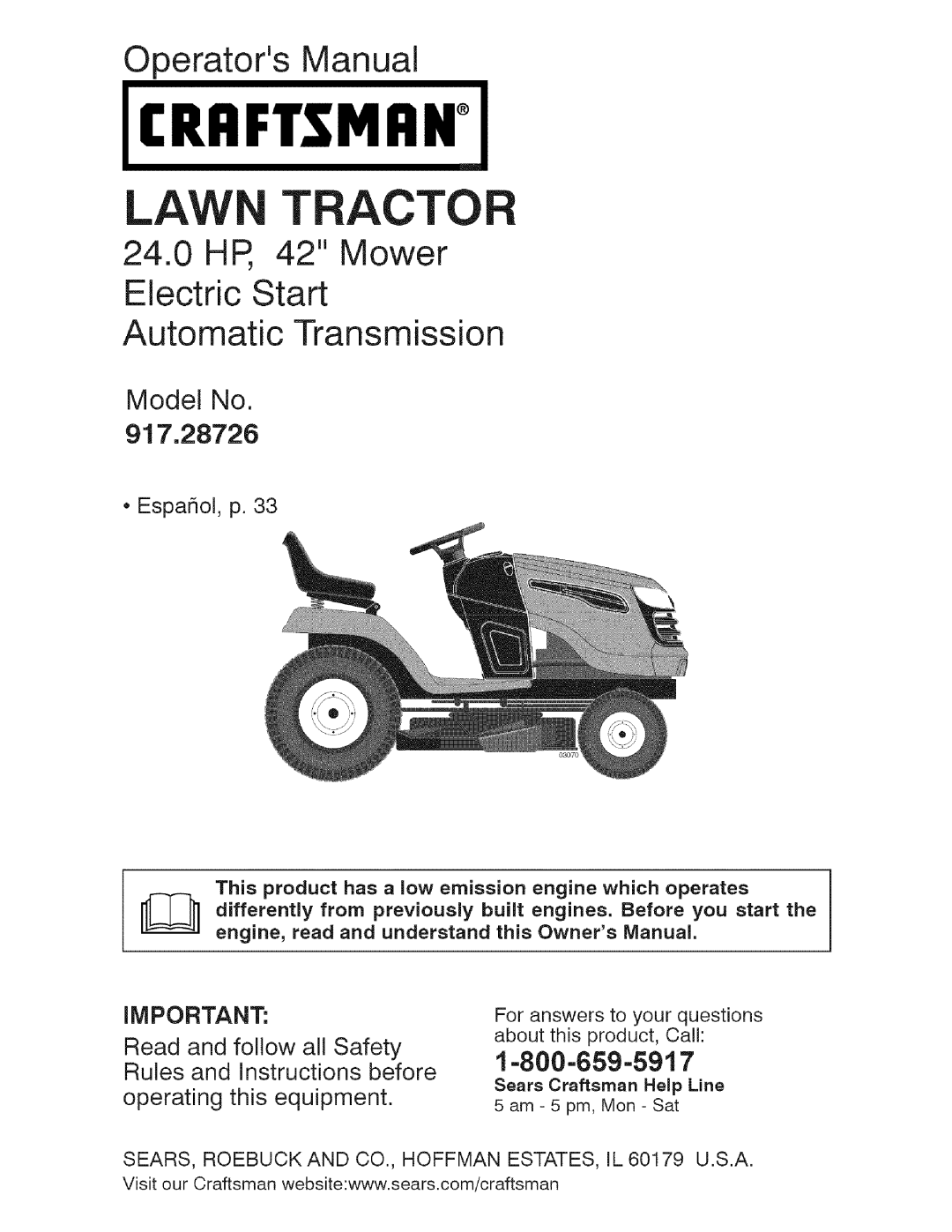 Craftsman owner manual Operators Manual, Rrftsmrn, Law Tractor, Model No 917.28726, t -800-659-59t 
