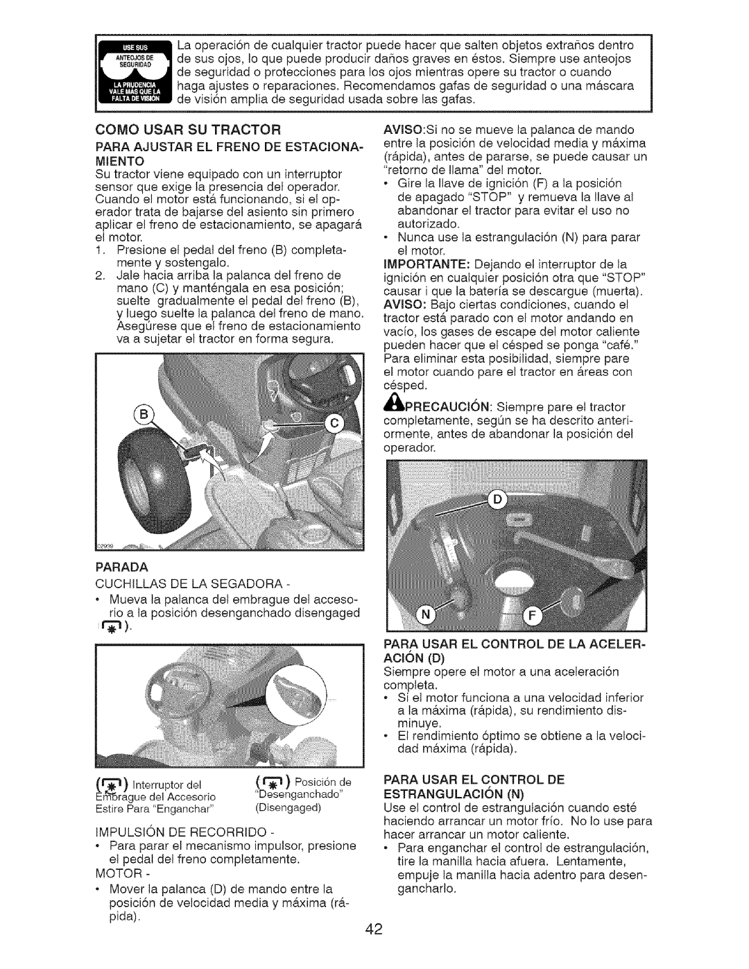 Craftsman 917.28726 owner manual Como Usar Su Tractor 