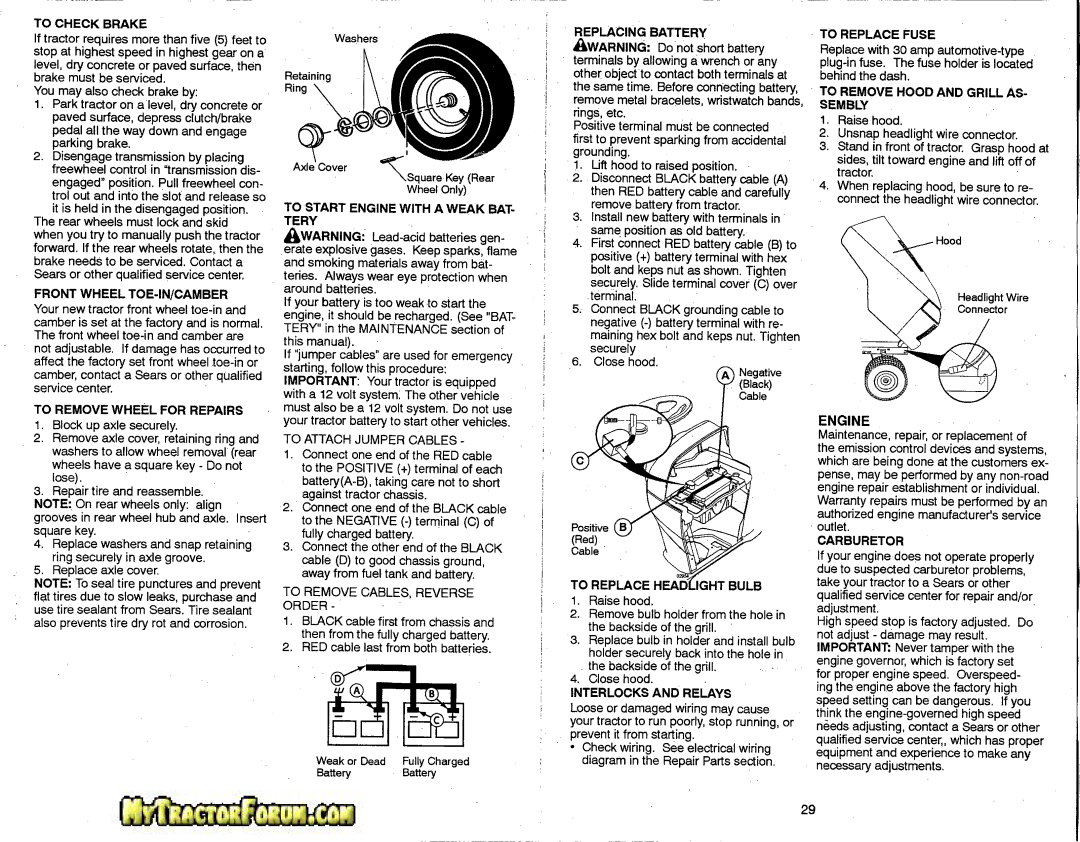 Craftsman 917.28746 To Check Brake, Front Wheel TOE-IN/CAMBER, To Remove Wheel for Repairs, Replacing Battery, Carburetor 