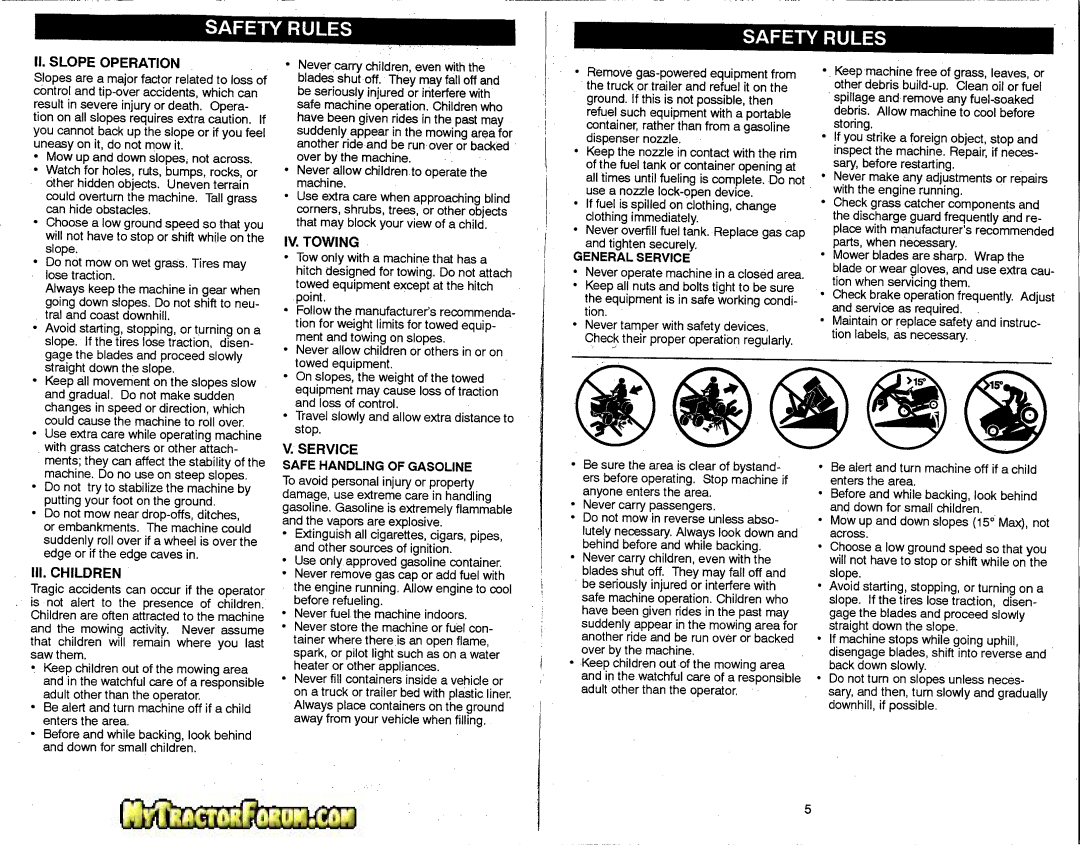 Craftsman 917.28746 owner manual II. Slope Operation, IV. Towing, Service, III. Children 