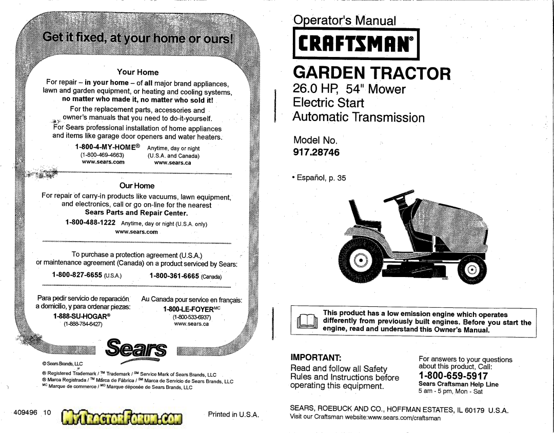 Craftsman 917.28746 owner manual Model No, Your Home, OurHome, all Safety, Read and follow, Rules and Instructions before 