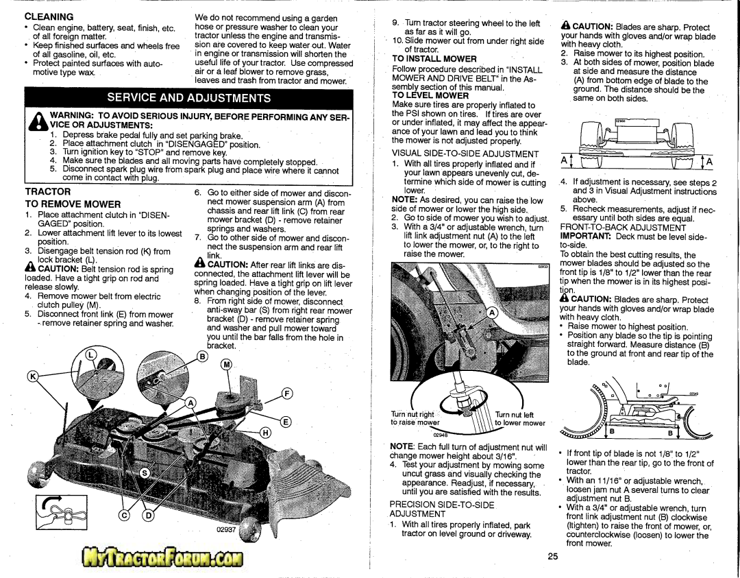 Craftsman 917.28746 Cleaning, Tractor To Remove Mower, To Install Mower, To Level Mower, Vice Or Adjustments, ~1~r1J#E 