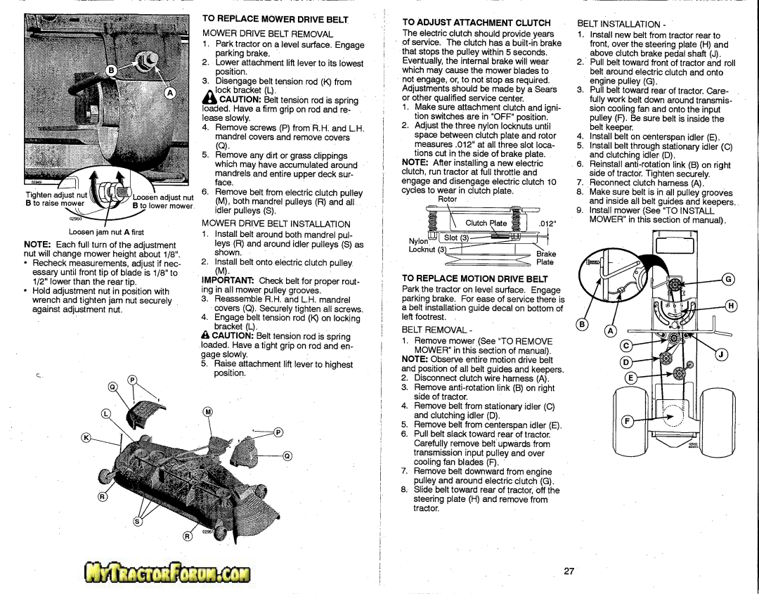 Craftsman 917.28746 owner manual To Replace Mower Drive Belt, To Adjust Attachment Clutch, To Replace Motion Drive Belt 
