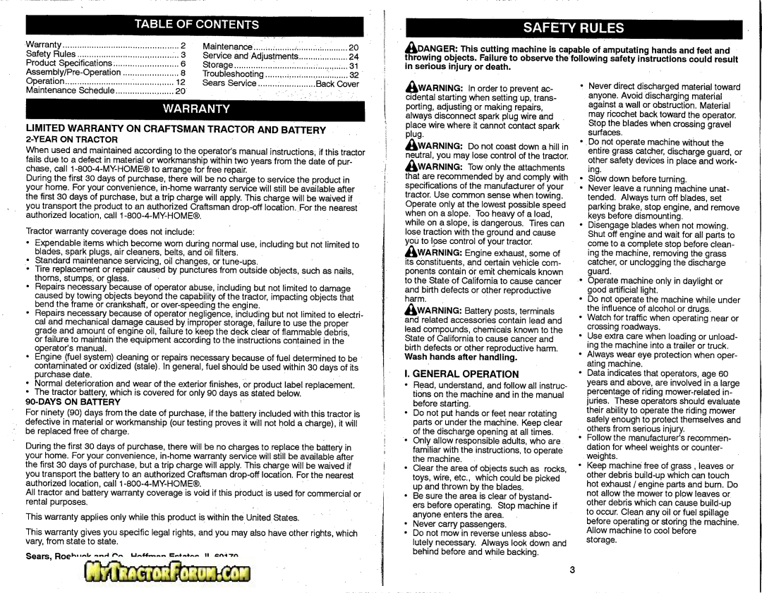 Craftsman 917.28746 Safety Rules, Table Of Contents, Limited Warranty On Craftsman Tractor And Battery, Yearon Tractor 