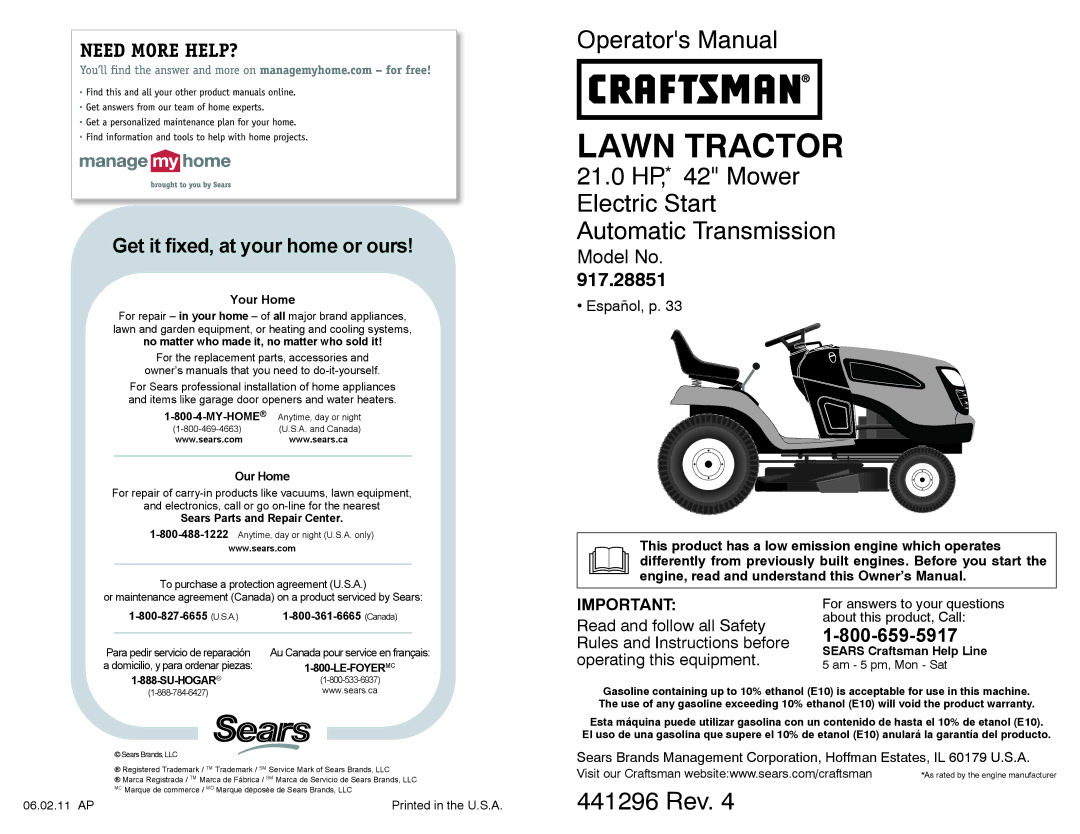 Craftsman 917.28851 owner manual Sears Craftsman Help Line, Am 5 pm, Mon Sat, 06.02.11 AP 