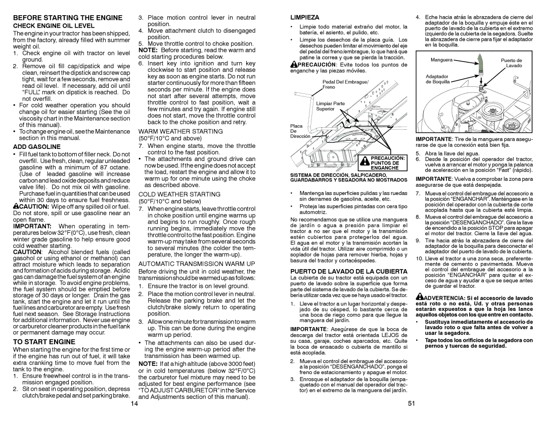 Craftsman 917.28851 owner manual Before Starting the Engine, To Start Engine 