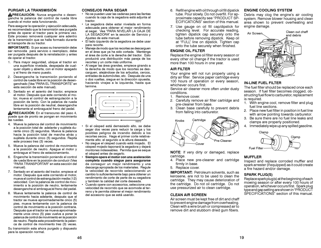 Craftsman 917.28851 Purgar LA Transmisión, Consejos Para Segar, Engine OIL Filter, AIR Filter, Engine Cooling System 