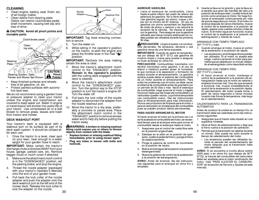 Craftsman 917.28851 owner manual Cleaning, Movable parts, Remain in the operator’s position, Deck Washout Port 