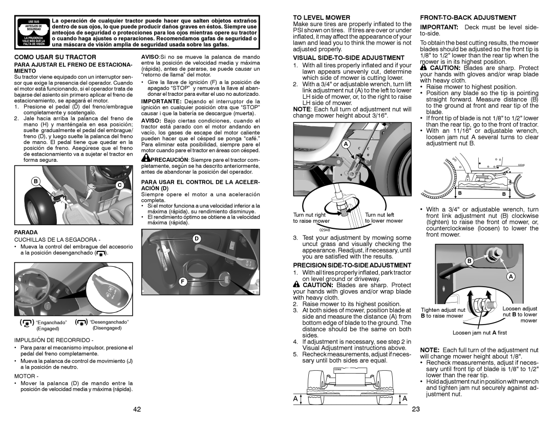 Craftsman 917.28851 To Level Mower, FRONT-TO-BACK Adjustment, Como Usar SU Tractor, Visual SIDE-TO-SIDE Adjustment 