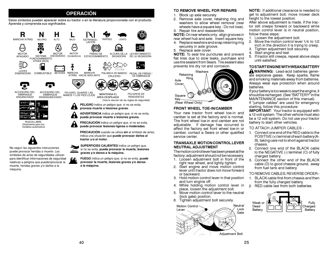 Craftsman 917.28851 Operación, To Remove Wheel for Repairs, Tostartenginewithweakbattery, Front Wheel TOE-IN/CAMBER 