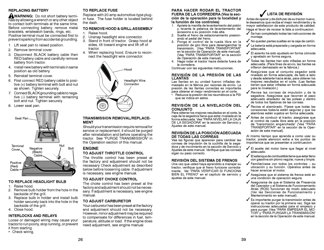 Craftsman 917.28851 owner manual Replacing Battery, To Replace Headlight Bulb, Interlocks and Relays, To Replace Fuse 