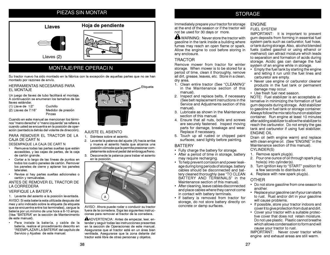 Craftsman 917.28851 owner manual Piezas SIN Montar Storage, MONTAJE/PRE Operación, Battery, Other 