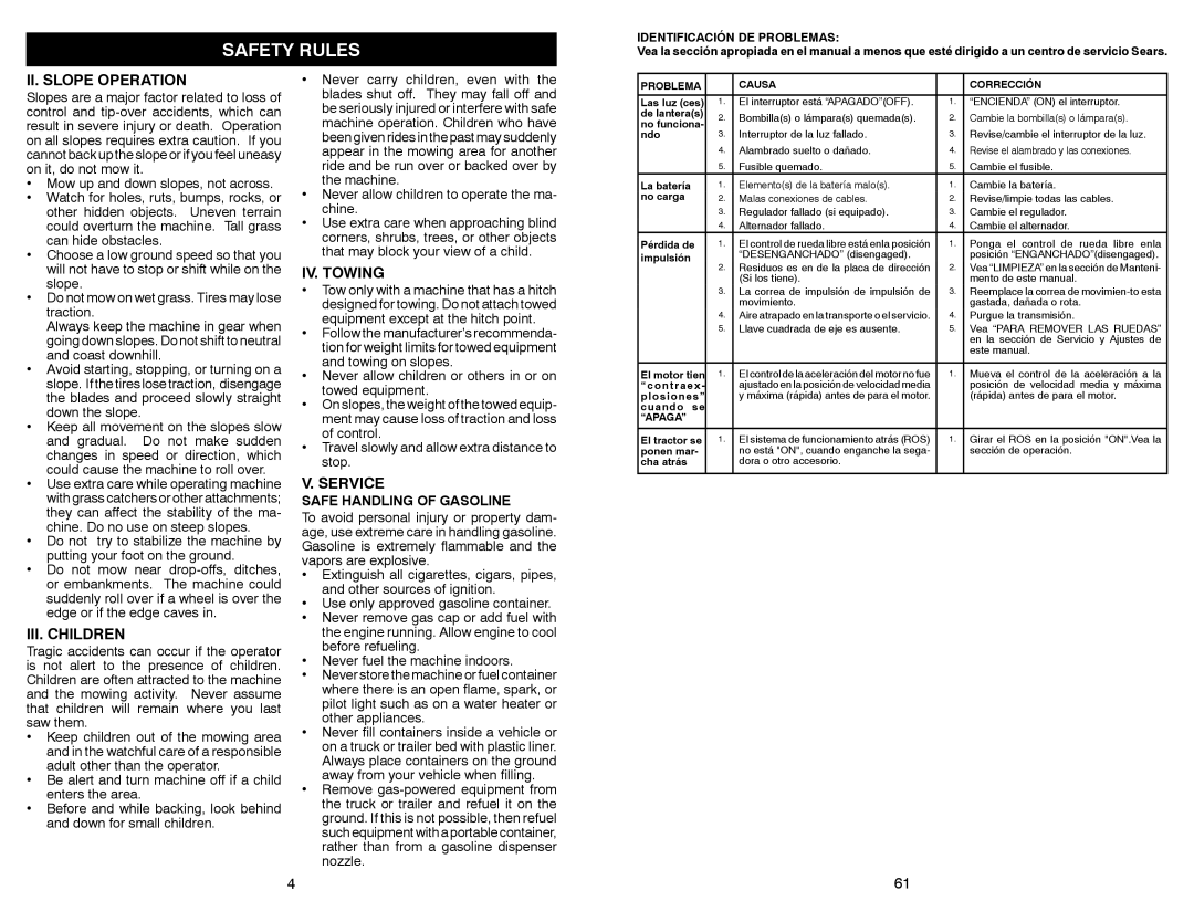 Craftsman 917.28851 owner manual II. Slope Operation, III. Children, IV. Towing, Service, Safe Handling of Gasoline 