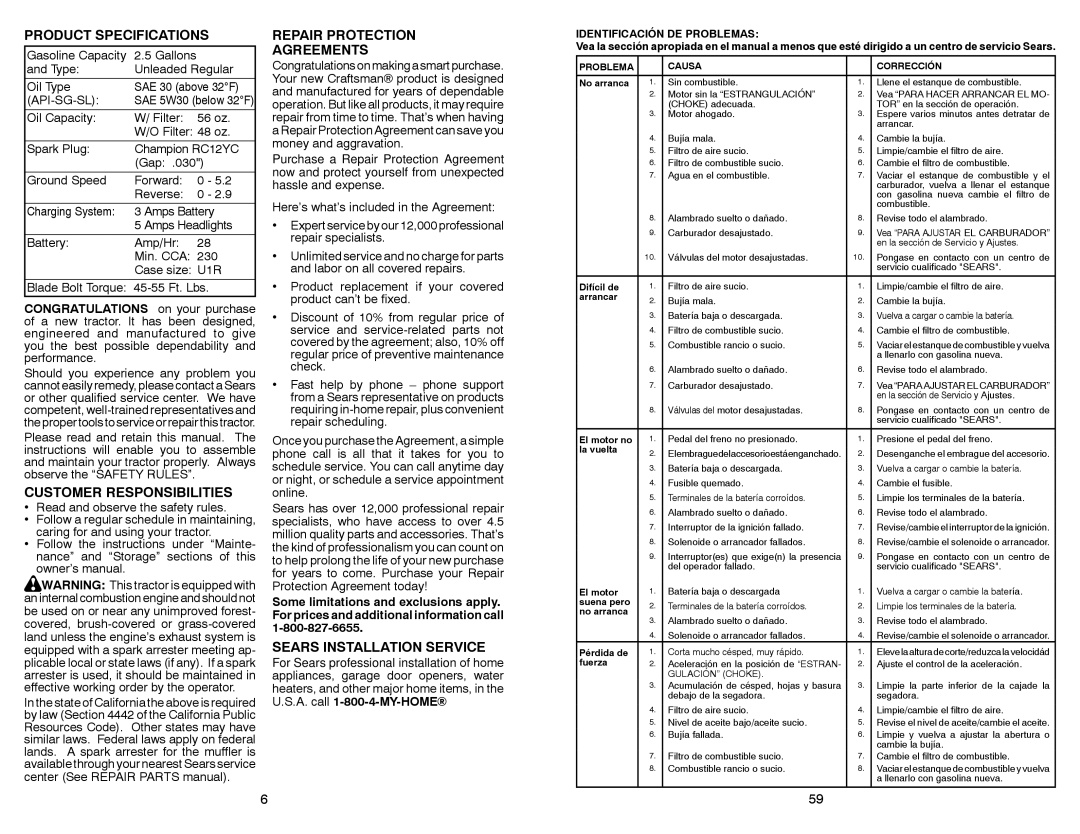 Craftsman 917.28851 owner manual Product Specifications, Customer Responsibilities, Repair Protection Agreements 