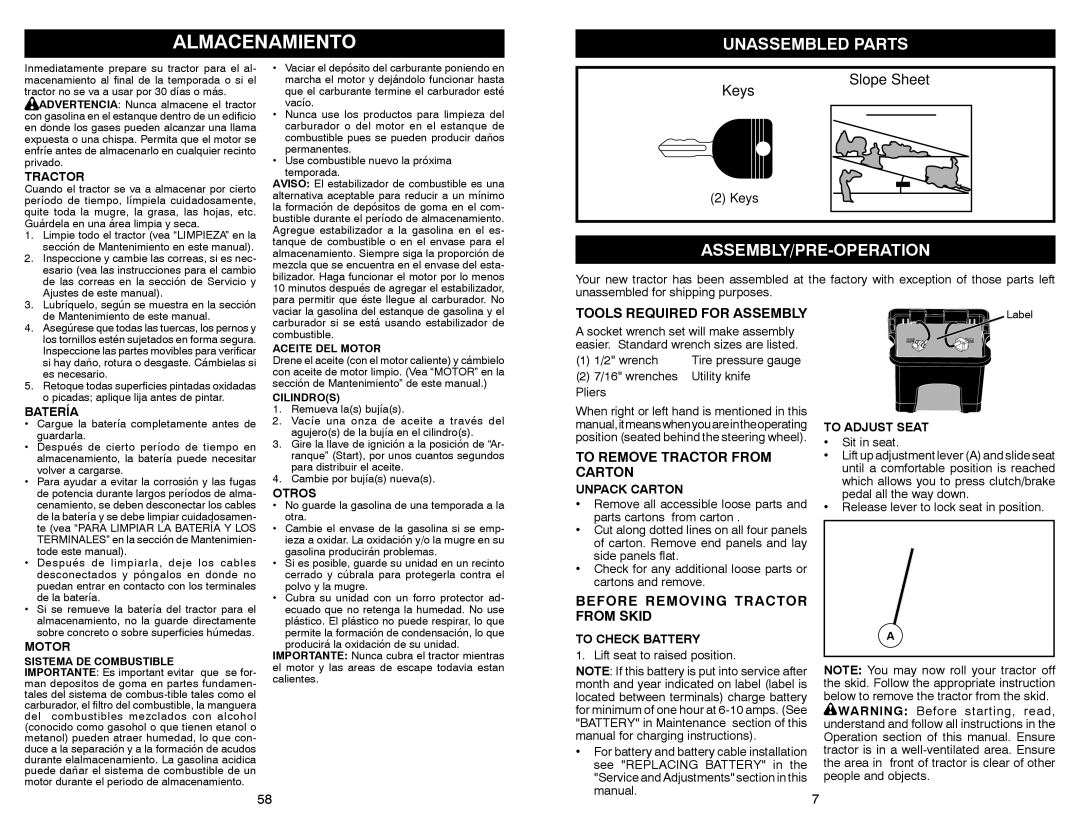 Craftsman 917.28851 Unassembled Parts, Assembly/Pre-Operation, Tools Required for Assembly, To Remove Tractor from Carton 