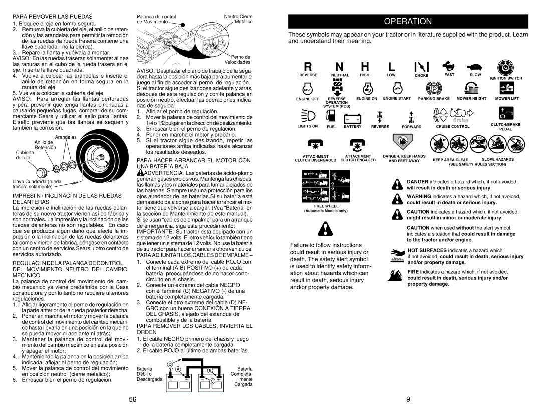 Craftsman 917.28851 owner manual Operation, Para Remover LAS Ruedas, Para Hacer Arrancar EL Motor CON UNA Batería Baja 