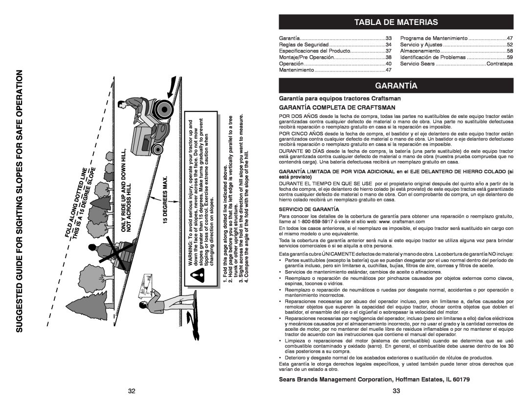 Craftsman 917.28851 Suggested Guide For Sighting Slopes For Safe Operation, Tabla De Materias, Garantía, Degrees Max 