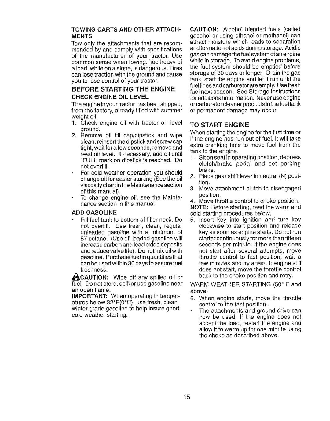 Craftsman 28903 Towing Carts and Other Attach, Ments, Before Starting the Engine Check Engine OIL Level, ADD Gasoline 