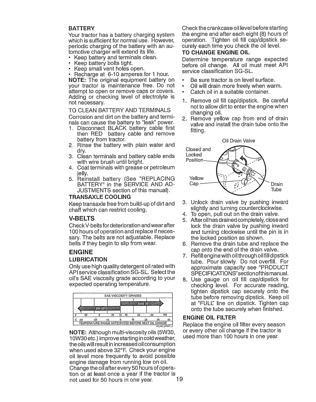 Craftsman 917.28903 To Clean Battery and Terminals, Transaxle Cooling, Belts, Lubrication, To Change Engine OIL 