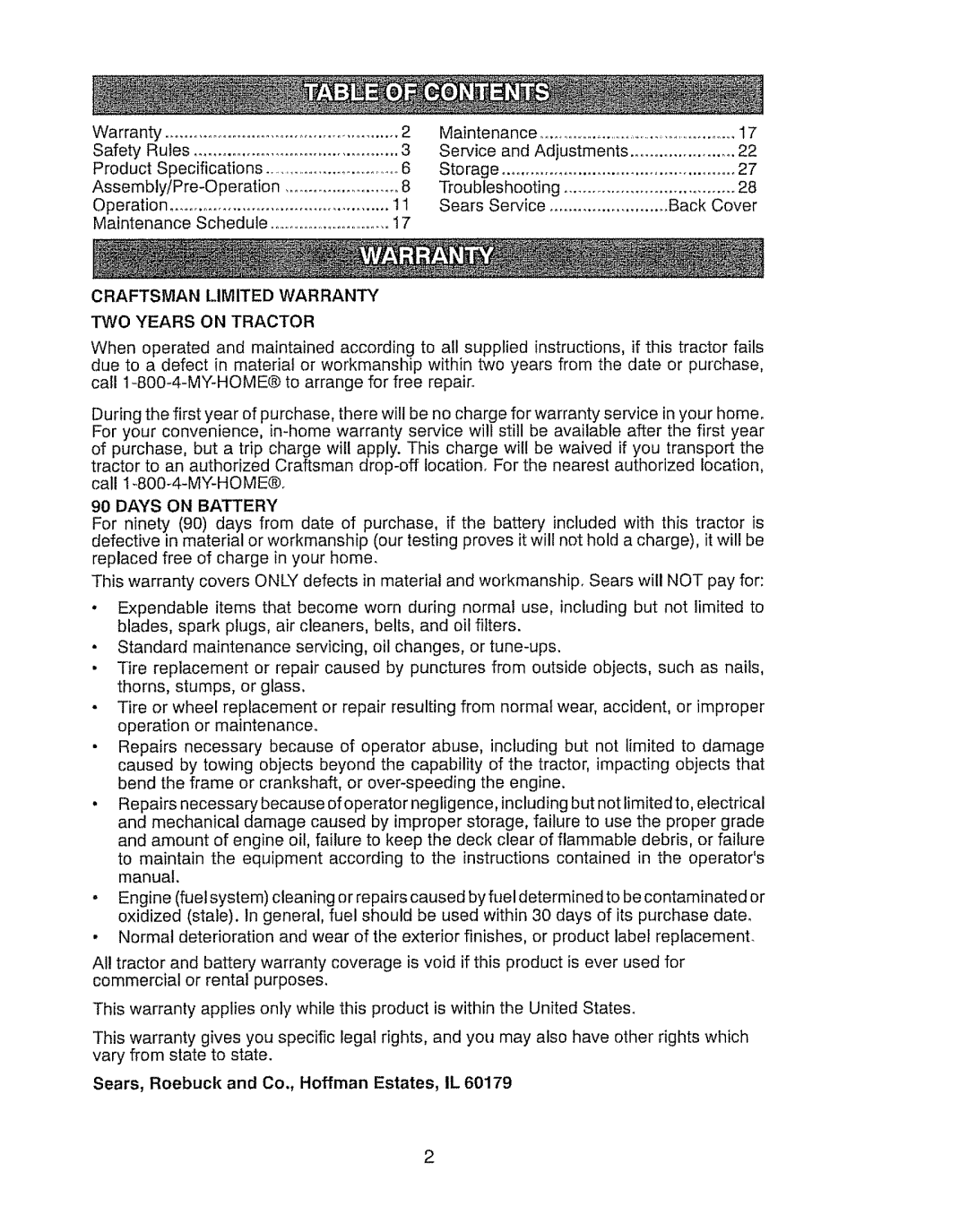 Craftsman 917.289031, 917.289030 owner manual Craftsman Limited Warranty TWO Years on Tractor, Days on Battery 