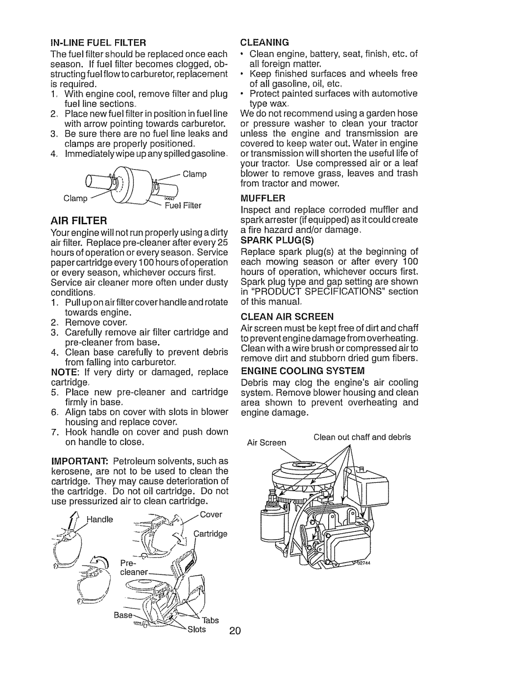 Craftsman 917.289030, 917.289031 IN-LINEFUEL Filter, AIR Filter, Cleaning, Muffler, Spark Plugs, Clean AIR Screen 