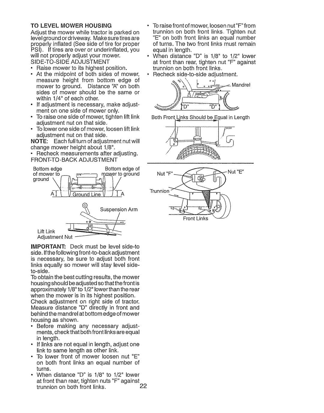 Craftsman 917.289031, 917.289030 owner manual To Level Mower Housing, SID E-TO-S IDE Adjustment, FRONT-TO-BACK Adjustm ENT 