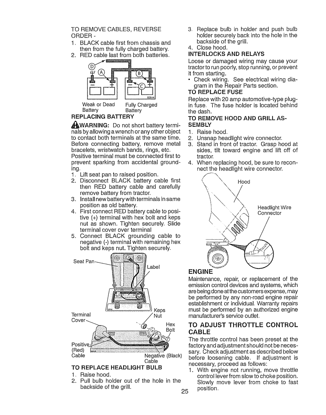 Craftsman 917.289030, 917.289031 owner manual To Remove Hood and Grill AS, Sembly, To Adjust Throttle Control Cable 