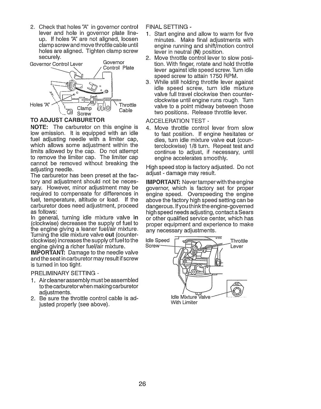 Craftsman 917.289031, 917.289030 owner manual To Adjust Carburetor, Preliminary Setting, Final Setting, Acceleration Test 