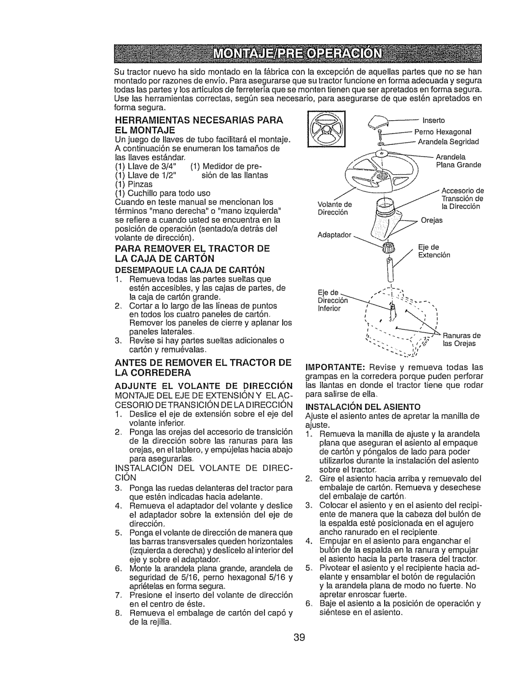 Craftsman 28903 Herramientas Necesarias Para EL Montaje, Antes DE Remover EL Tractor DE, LA Corredera, Adjunte EL Volante 