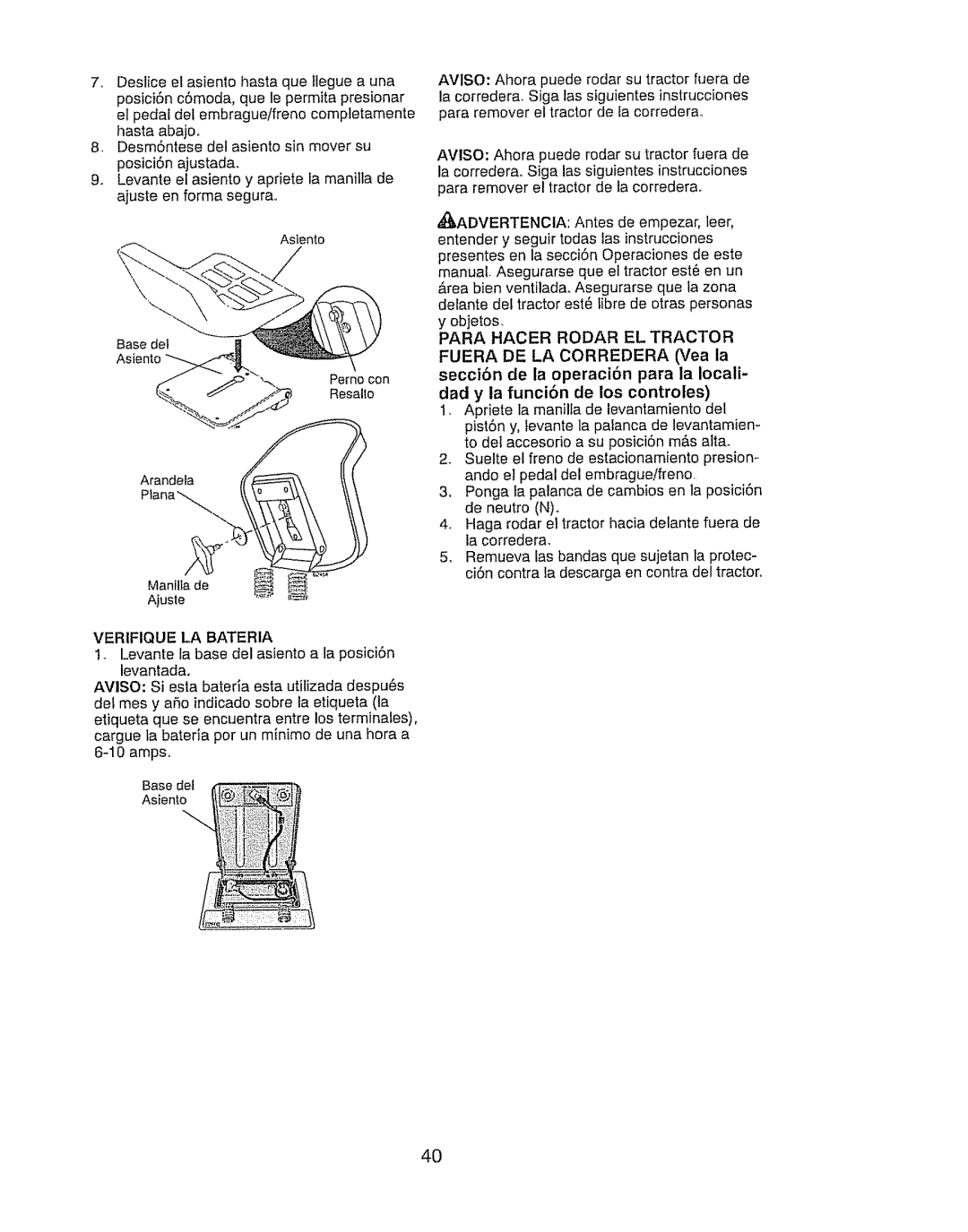 Craftsman 917.289030, 917.289031 owner manual Verifique LA Bateria, Para Hacer Rodar EL Tractor 