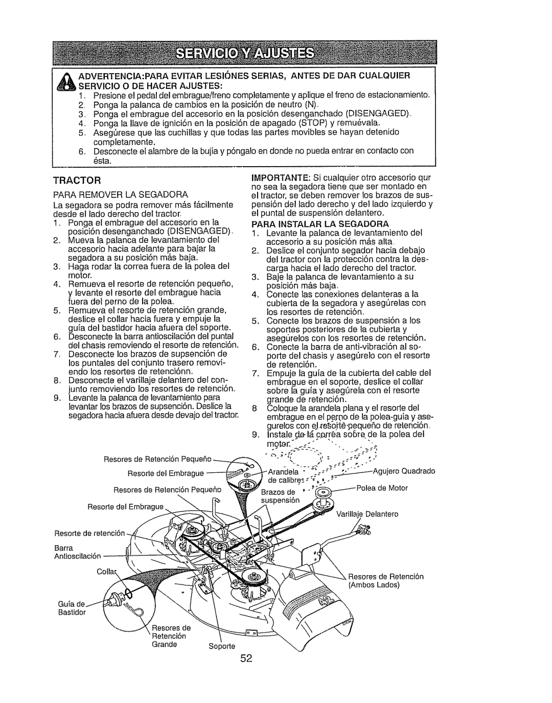 Craftsman 917.289030, 917.289031 owner manual Tractor Para Remover LA Segadora, Para Instalar LA Segadora 