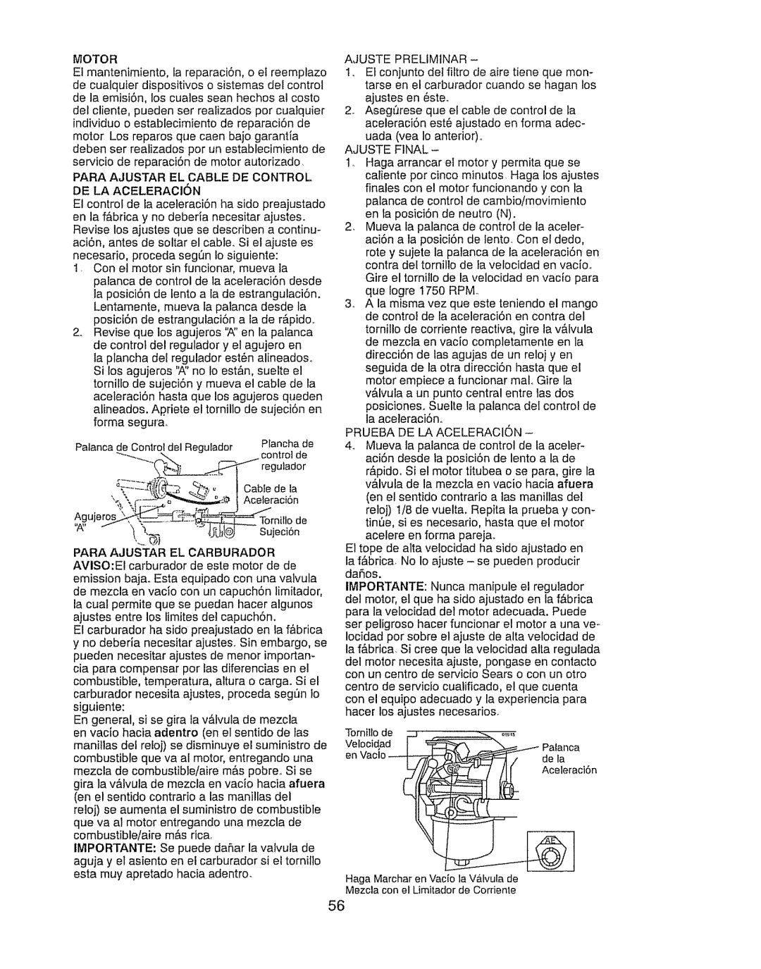 Craftsman 917.289030, 917.289031 Para Ajustar EL Cable DE Control DE LA ACELERACI6N, Ajuste Preliminar, Ajuste Final 