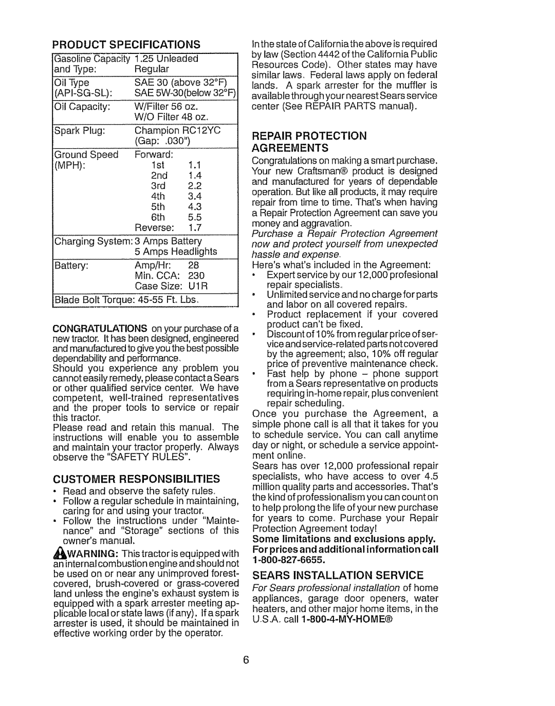 Craftsman 917.289031, 917.289030 owner manual Specifications 