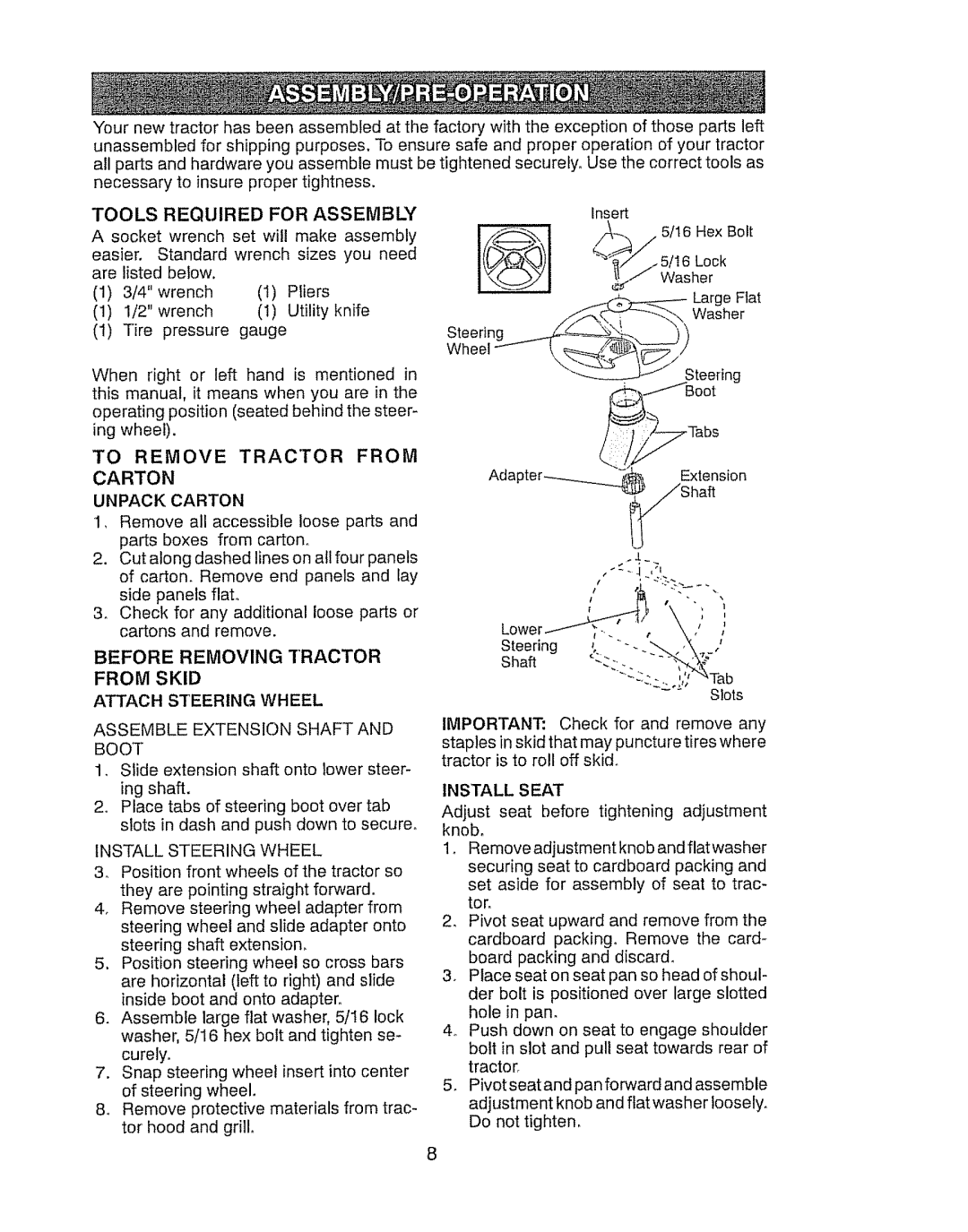 Craftsman 917.289030 Tools Required for Assembly, To Remove Tractor from Carton Unpack Carton, Install Steering Wheel 