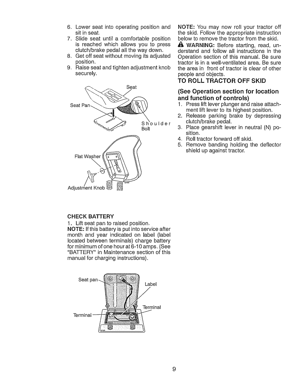 Craftsman 917.289030, 917.289031 owner manual To Roll Tractor OFF Skid, Check Battery, Label 