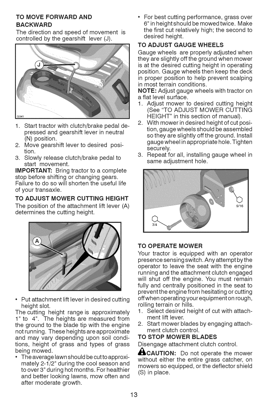 Craftsman 917.28907 To Move Forward BA Ckwa RD, To Adjust Mower Cutting Height, To Adjust Gauge Wheels, To Operate Mower 