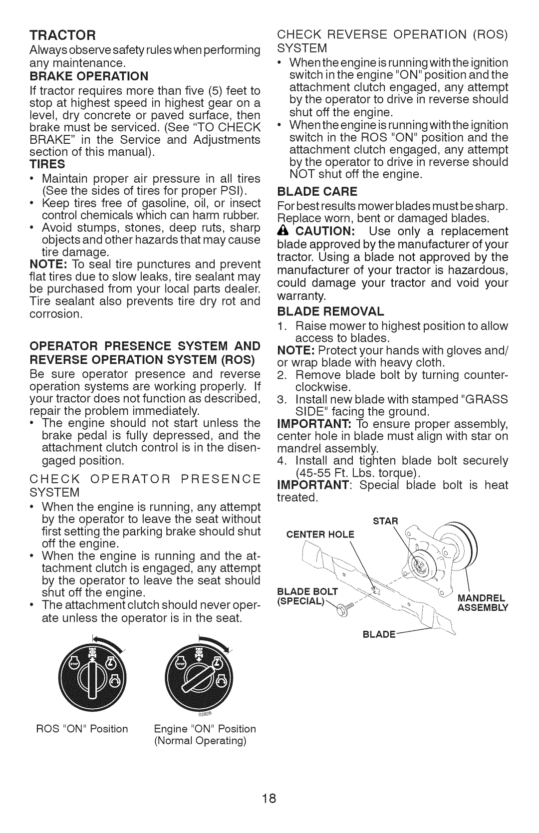 Craftsman 917.289070, 917.289072, 917.289071 owner manual Tires, Presence System, System ROS 