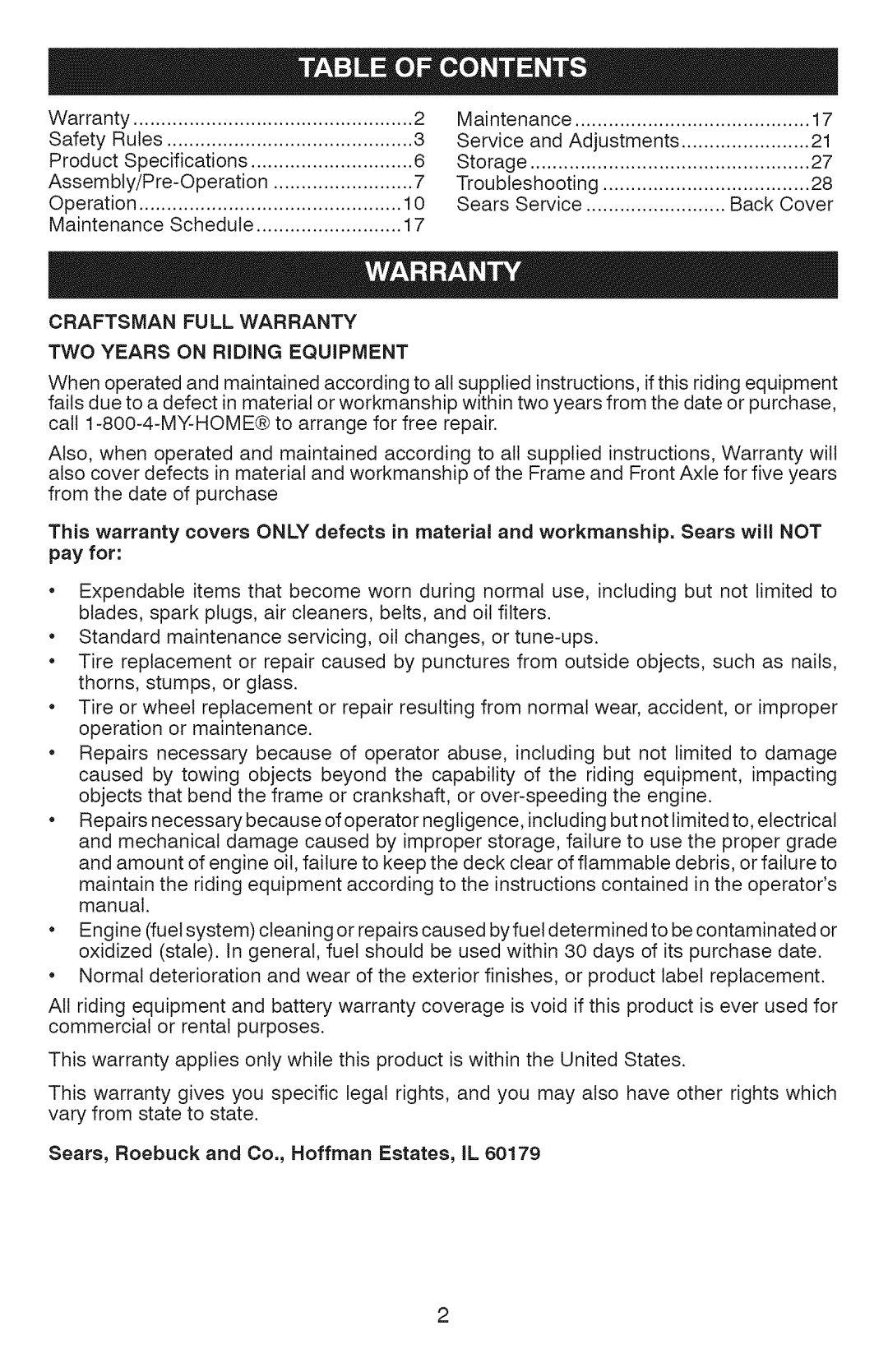 Craftsman 917.289070, 917.289072, 917.289071 owner manual Craftsman Full Warranty, TWO Years on Riding Equipment 