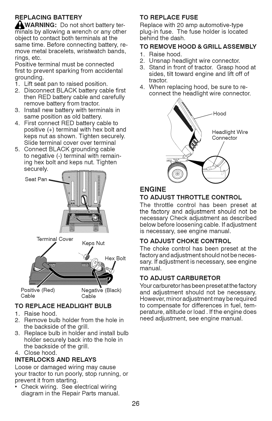 Craftsman 917.289070, 917.289072, 917.289071 owner manual Replacing Battery, To Adjust Throttle Control 