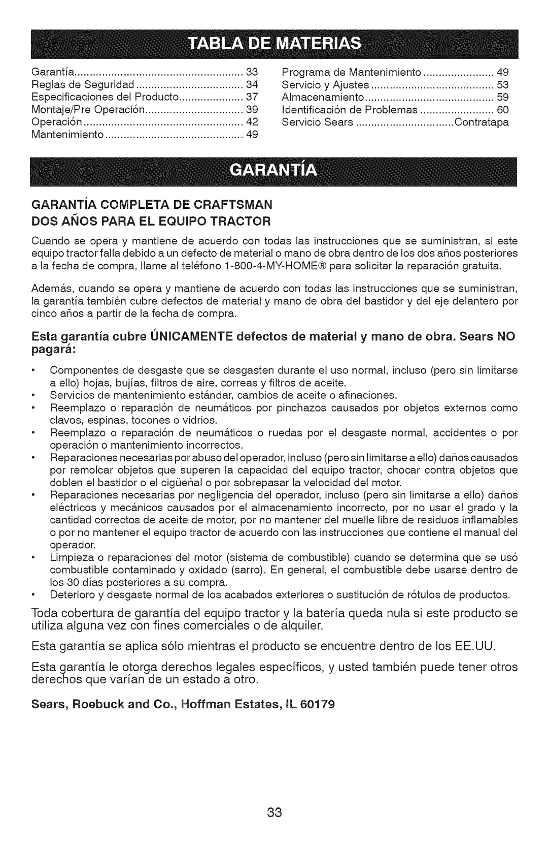 Craftsman 917.289072, 917.289070, 917.289071 owner manual Garantja Completa DE Craftsman, DOS Aios Para EL Equipo Tractor 