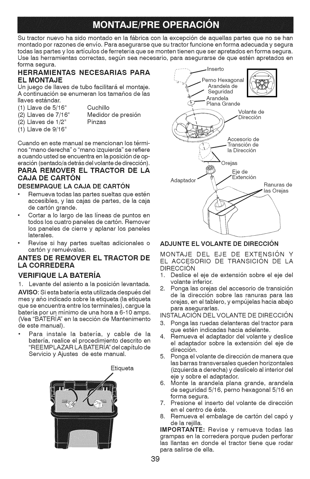 Craftsman 917.289071, 917.289072 Herramientas Necesarias Para, EL Montaje, Antes DE Remover EL Tractor DE LA Corredera 