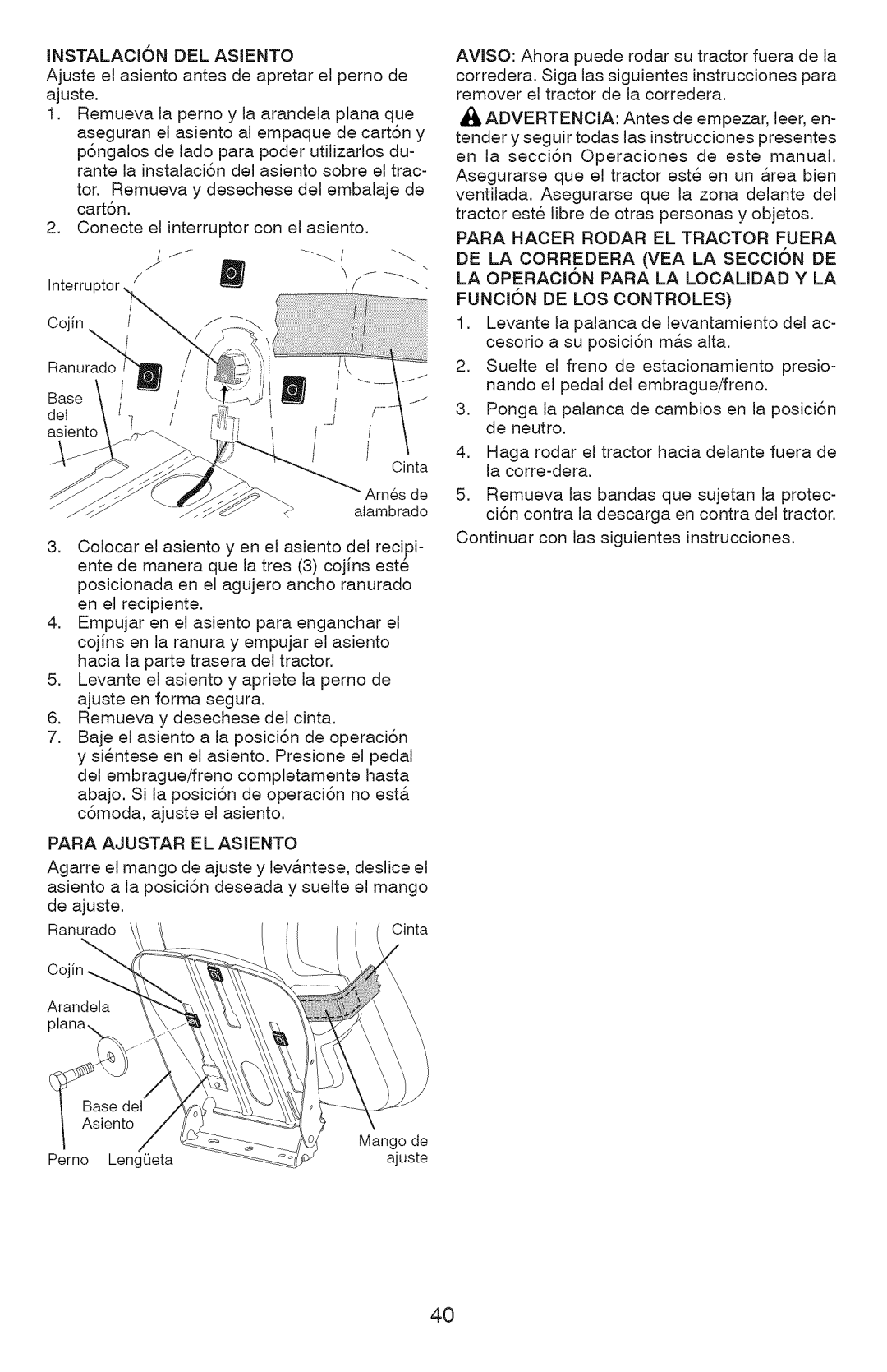 Craftsman 917.289072, 917.289070, 917.289071 owner manual Instalacion DEL Asiento, Para Ajustar EL Asiento 