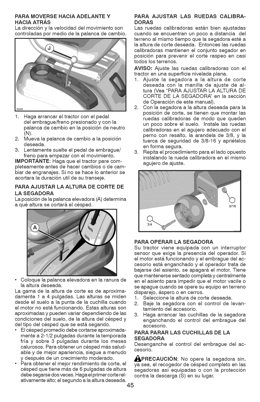 Craftsman 917.289072 Para Moverse Hacia Adelante Y Hacia Atras, Para Ajustar LA Altura DE Corte DE LA Segadora 