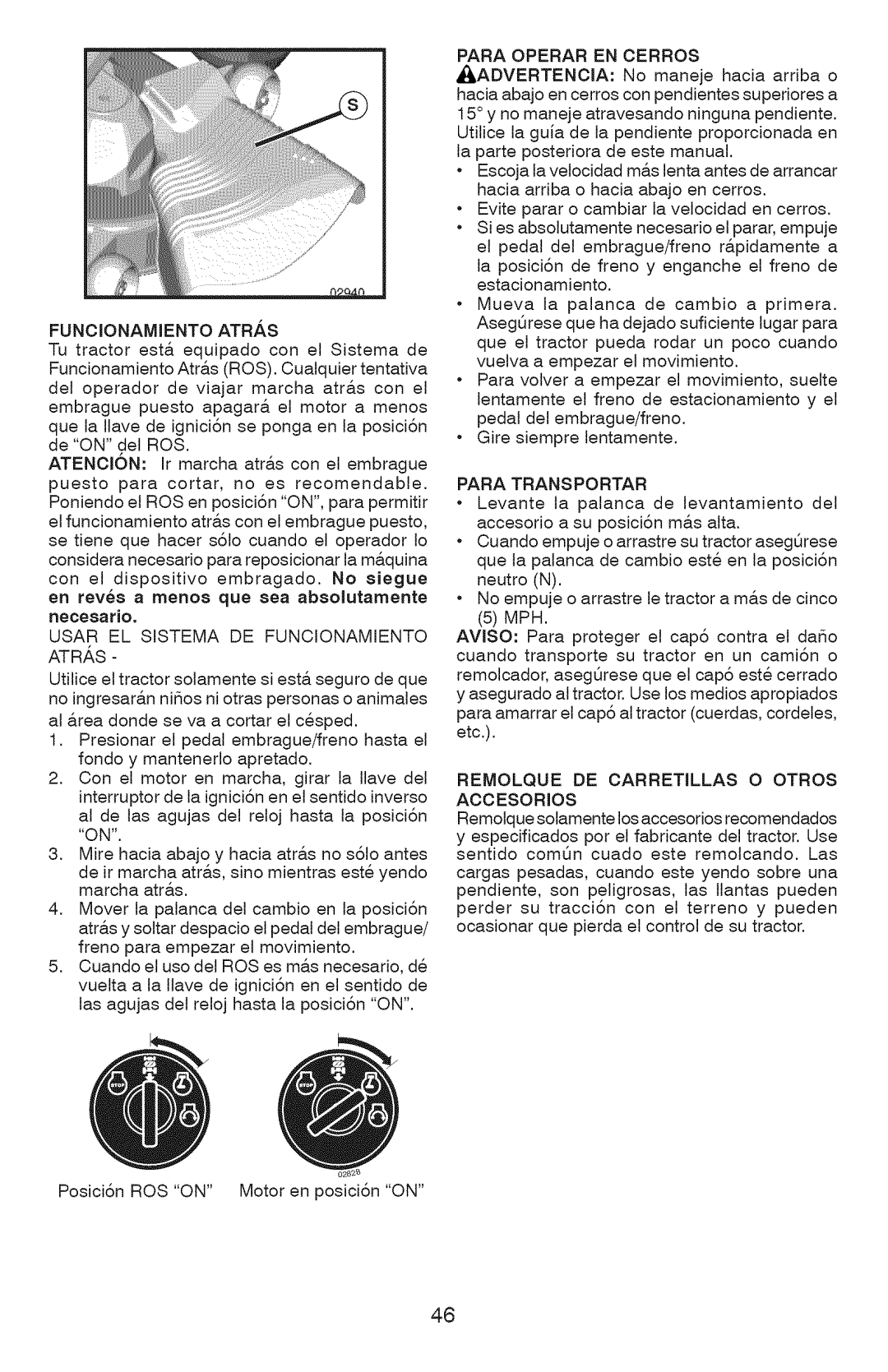 Craftsman 917.289070, 917.289072 Funcionamiento ATR.&S, Usar EL Sistema DE Funcionamiento Atras, Para Operar EN Cerros 